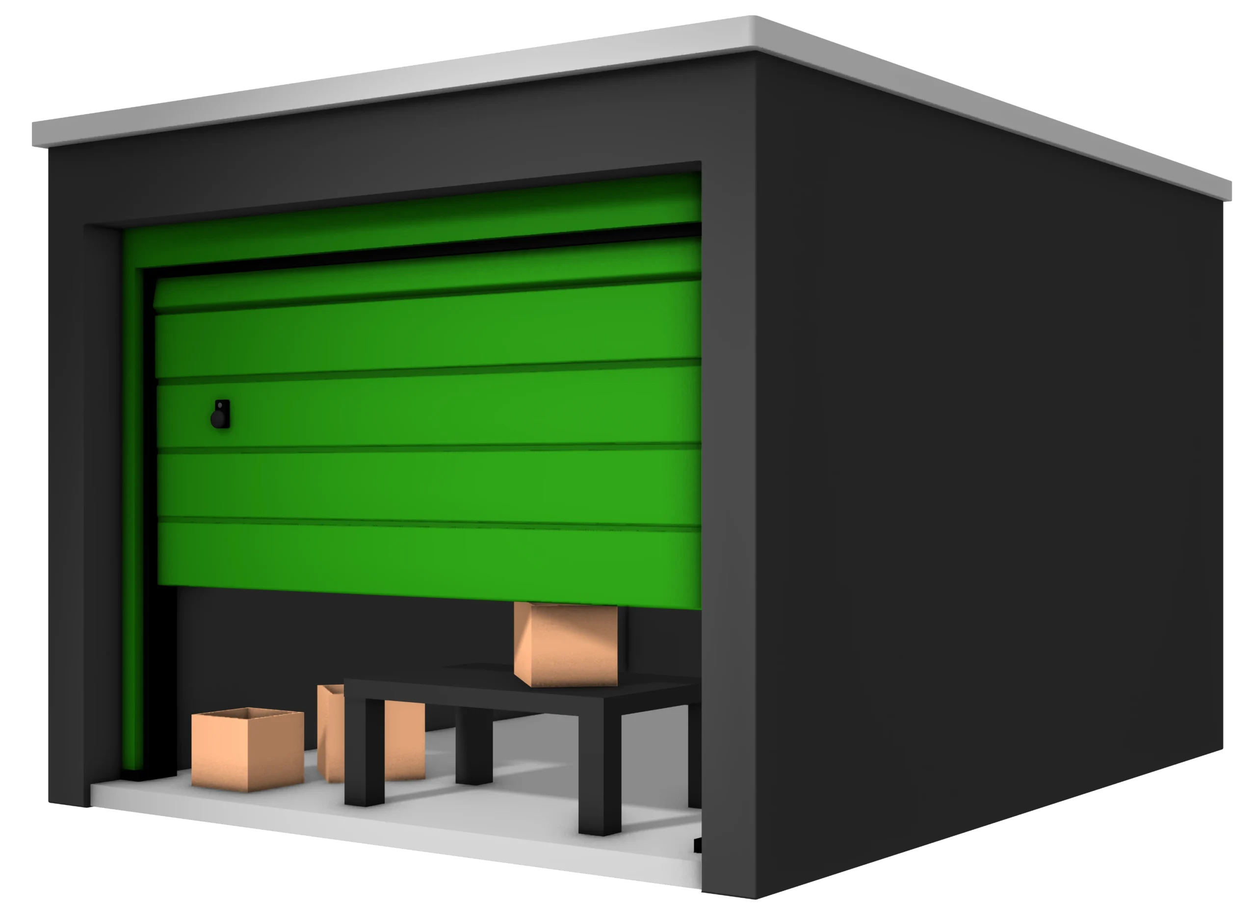 Garagebox die deels open is met dozen erin.