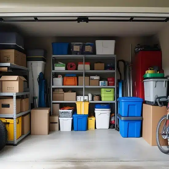 Dit is een opgeruimde garagebox met stellingen en opbergbakken.